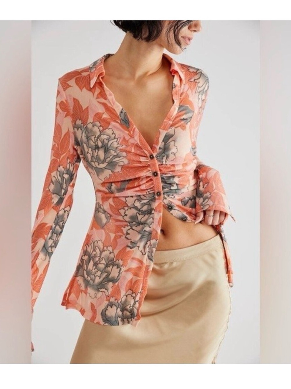 Free People Coral Floral Ruched Button-Down Shirt